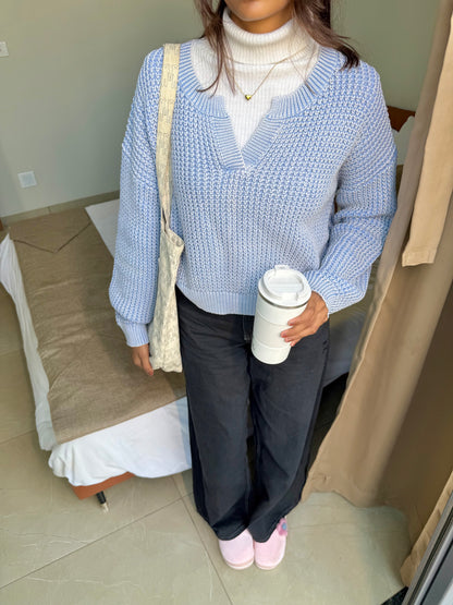 Pastel Blue V-Neck Pullover For Women