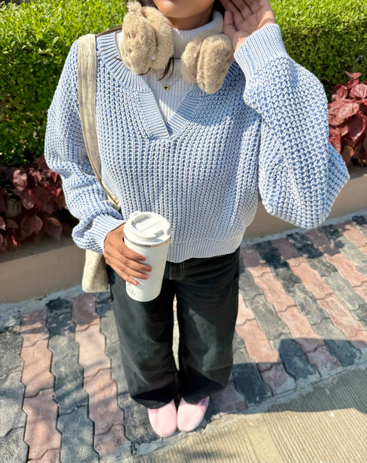 Pastel Blue V-Neck Pullover For Women