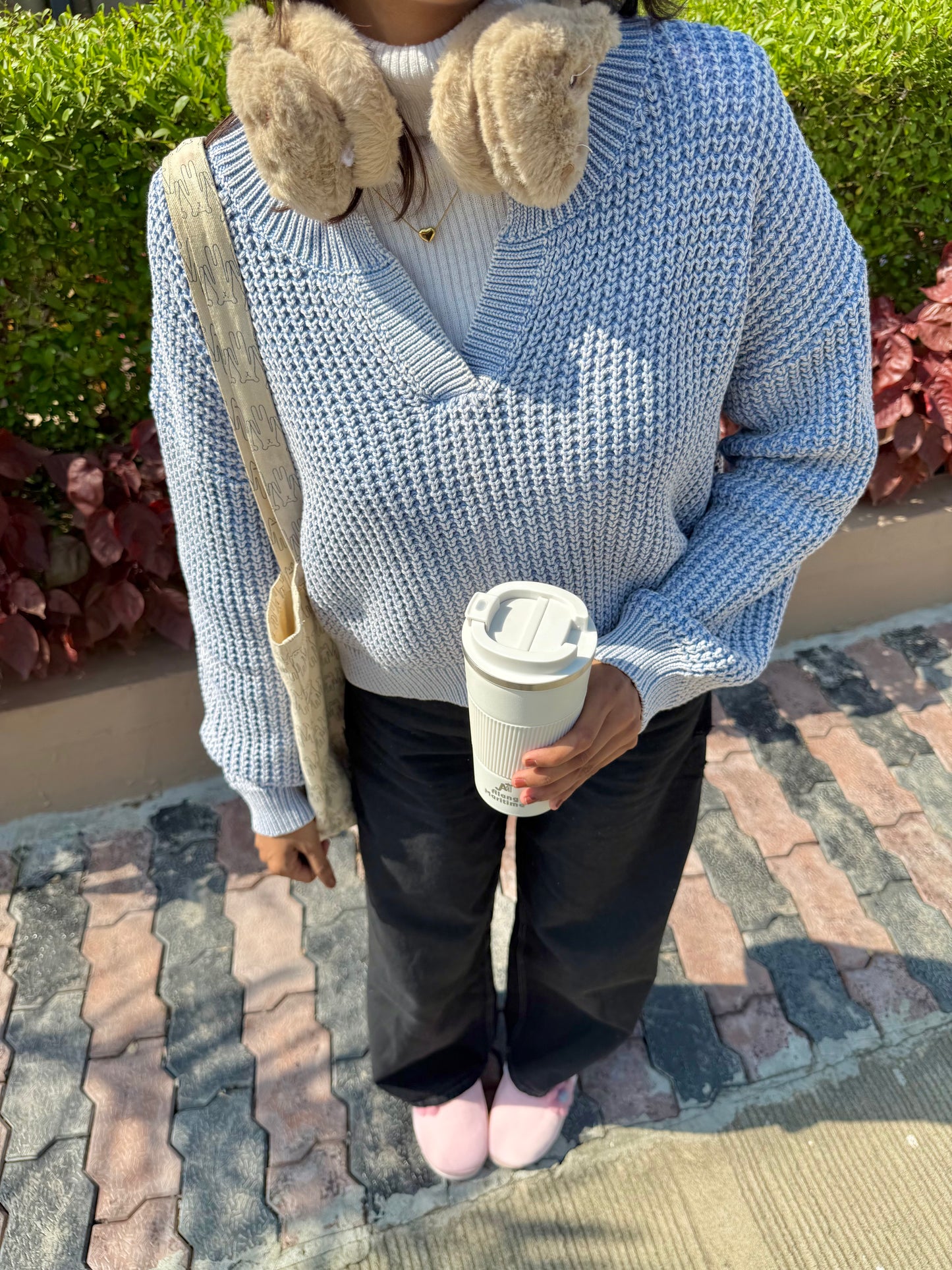 Pastel Blue V-Neck Pullover For Women