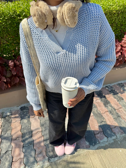 Pastel Blue V-Neck Pullover For Women