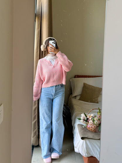 Pastel Pink V-Neck Pullover For Women