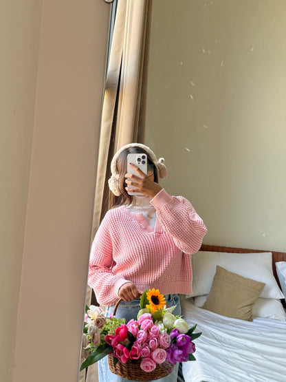 Pastel Pink V-Neck Pullover For Women