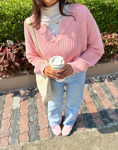 Pastel Pink V-Neck Pullover For Women