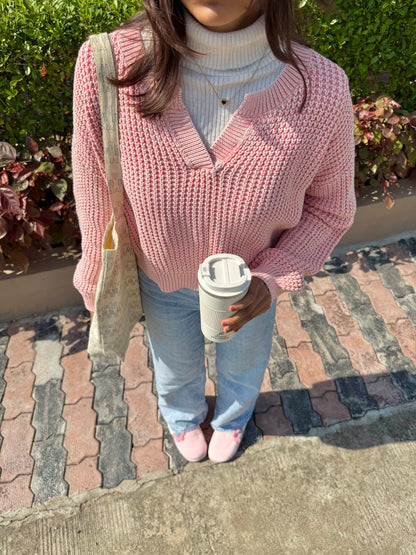 Pastel Pink V-Neck Pullover For Women