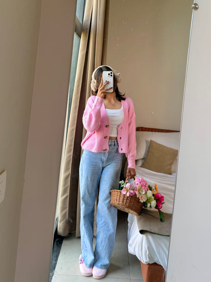 Pink Button Down Cardigan For Women