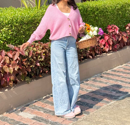 Pink Button Down Cardigan For Women