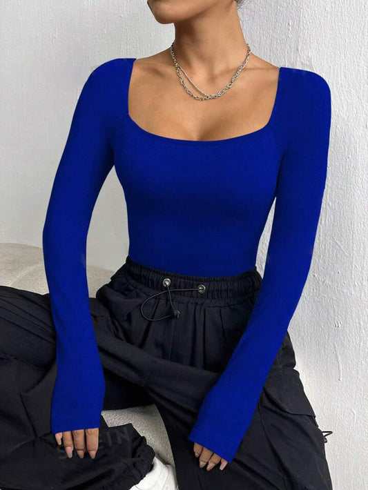 Blue Square Neck Body Suit For Women