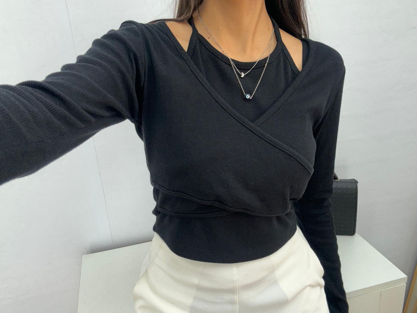 Black ribbed wrap top