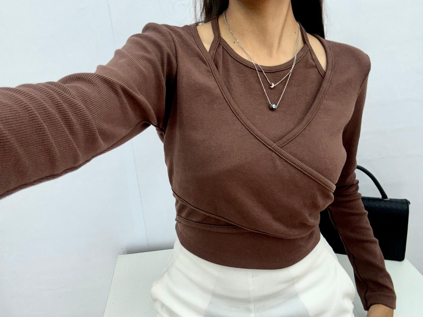 Brown Casual Solid Ribbed Wrap Halter Top For Women