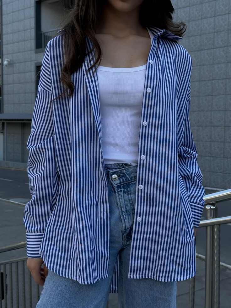 Navy Blue Striped Shirt For Women