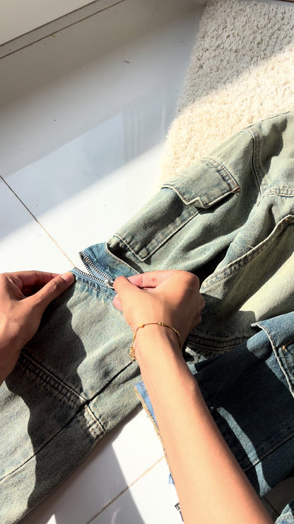 Light vintage wash denim cargo jacket